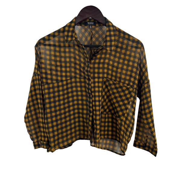 Bershka Brown Plaid Sheer Boxy Long Sleeve Top‎ Small - Picture 1 of 4